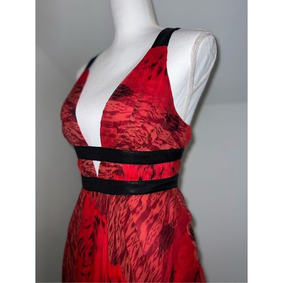 100% Silk Low Cut Red Gown Midi Dress Ruffle Hem Women’s XS - Picture 11 of 11